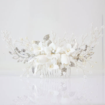 Swarovski Crystals Large Ceramic Flowers & Tiny White Flowers Hair Comb, Bridal Hair piece, Bridal Hair Accessories, Wedding Hair Accessory.
